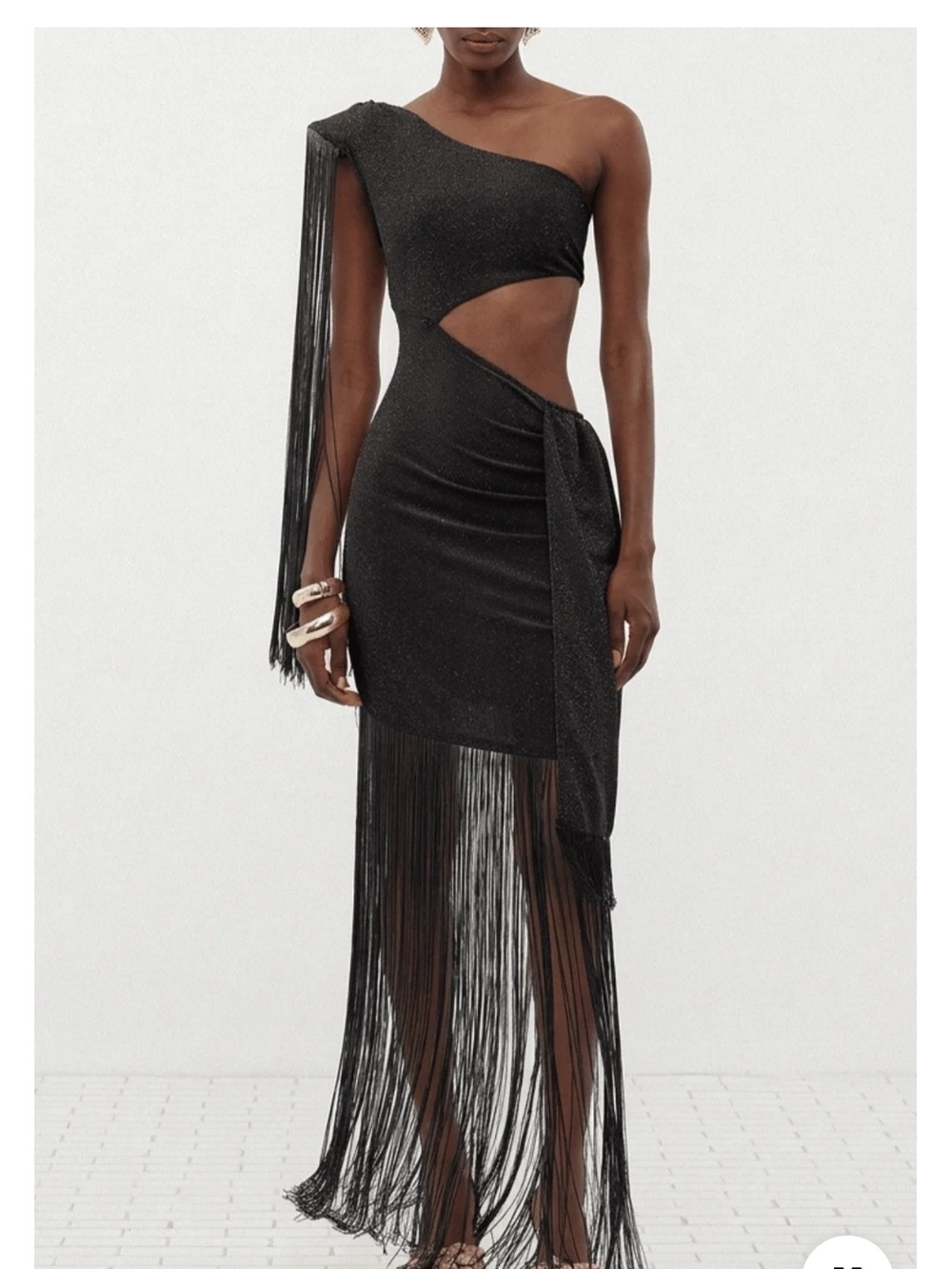 One-Shoulder Black Fringe Cutout Dress
